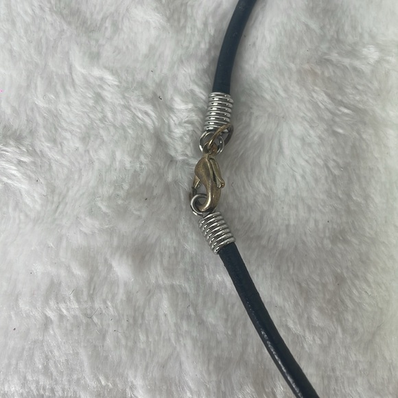 Art deco gold and blue glass pendant on leather strap. - Picture 3 of 3